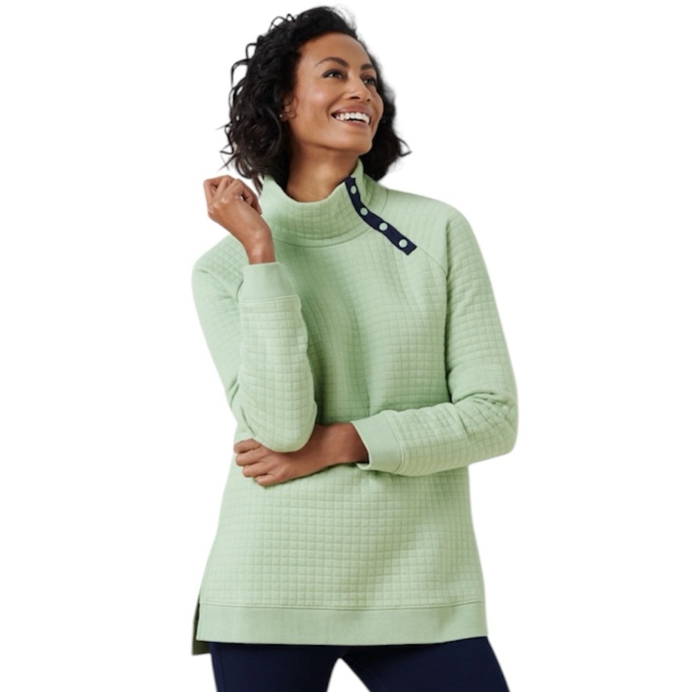 T by Talbots Asymmetrical Snap Quilted Pullover Sweatshirt in Green Navy Size P